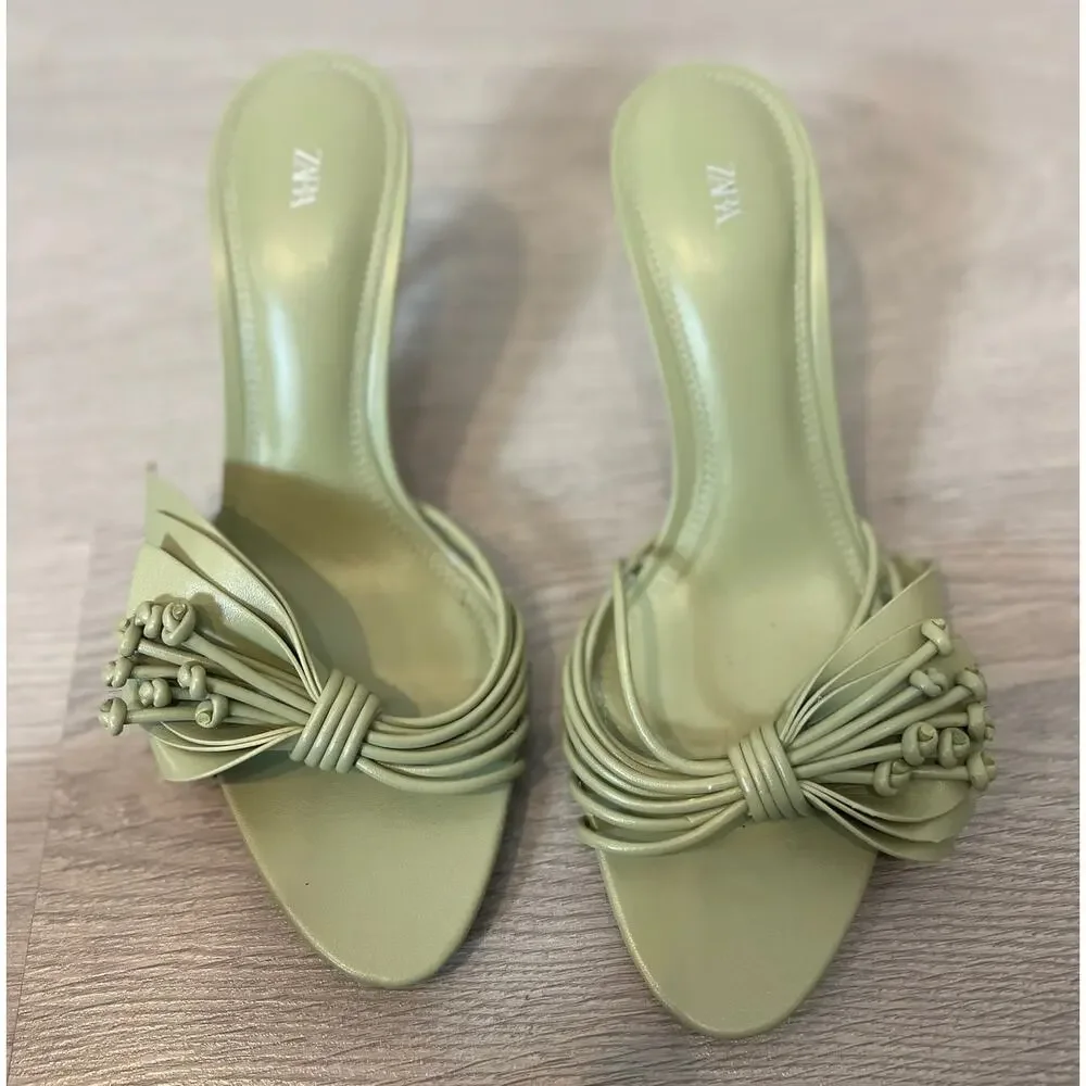 Zara NWT Sage Green Rosette Mule Heels Sandals 8
